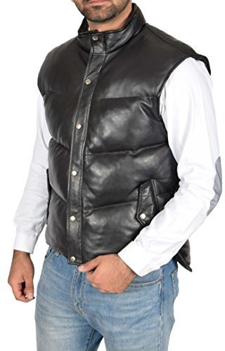 A1 FASHION GOODS Herren Gesteppte Leder Weste SCHWARZ Puffer Körperwärmer Weste Ärmellose Gilet - Jeff (Medium)