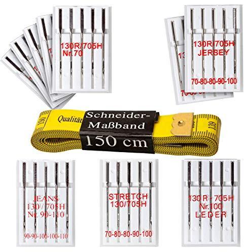 Nähnadelset: 50 Nähmaschinennadeln : Jeans, Jersey, Stretch, Leder & Universal - Nadeln + Schneidermaßband in gelb