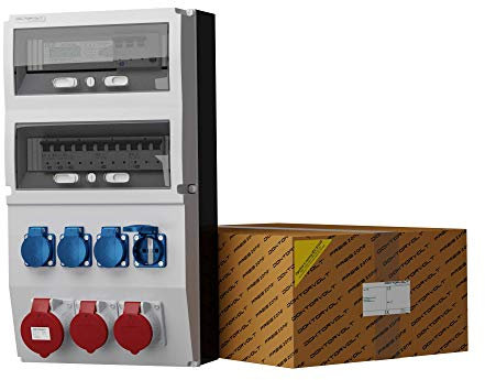 Doktorvolt Baustromverteiler, Stromverteiler eXT-S/FI 32A 2x 16A 4x230V mit Stromzähler Schuko System Mennekes, IP44, CEE-Steckdosen, Leitungsschutzschalter, 3-Phasen Stromzähler, Aufputz