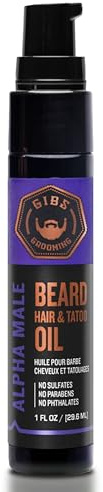 GIBS Grooming - Alpha Male Beard, Hair & Tattoo Oil (1 fl oz) - Softens, Strengthens, Protects - Skin Moisturizer - Vitamin C - UV Shield - Travel Size - Beard Oil, Hair Care, Skin Care - Made in USA