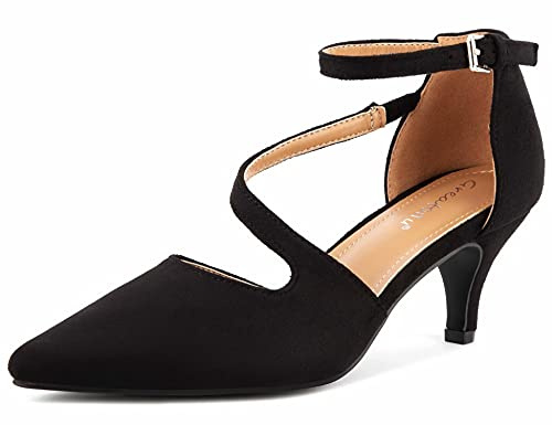 Greatonu Womens Court Shoes Pointed Toe Kitten Mid Low Heel Sandals Ladies Ankle Strap Pumps