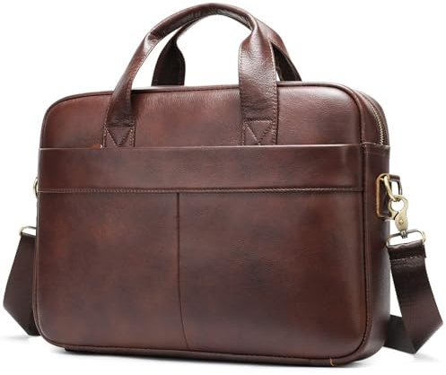 VINBAGGE Maletín Mensajero de Piel Vacuno Genuino Bolso Hombre Bandolera 14 Pulgadas Bolso Hecho a Mano de Trabajo Viaje, E-Marrón