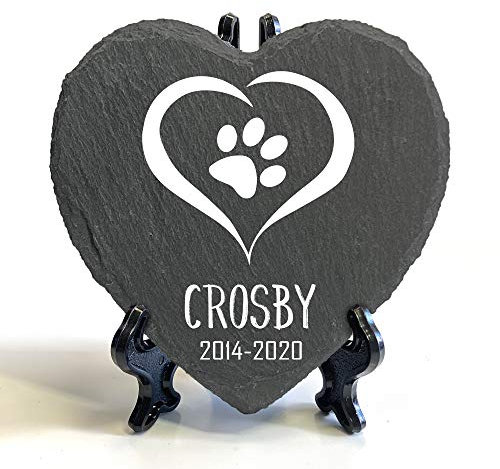 Targhetta commemorativa personalizzata a forma di cuore + supporto per animali domestici, gatto, cane, ardesia, con cornice in pietra, con motivo a zampa, nome – dimensioni | 10 x 10 cm |