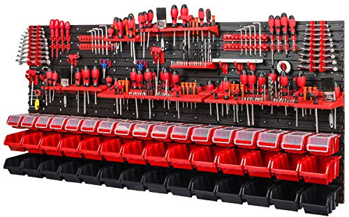Système de rangement mural à outils 1728 x 780 mm Ensemble de panneaux perforés avec supports à outils et boîtes empilables avec couvercle Étagère murale d'atelier, casiers de rangement