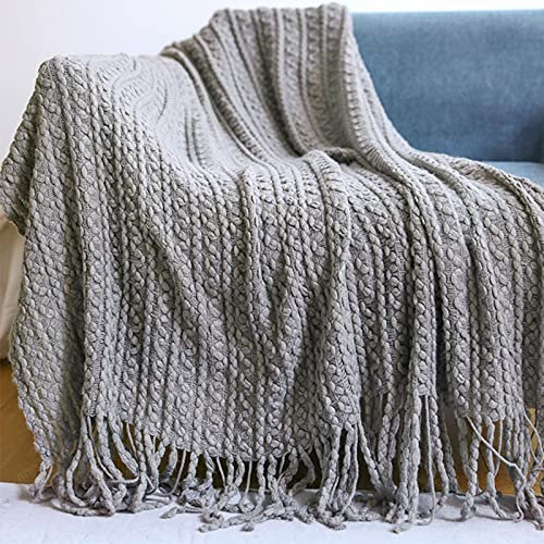 Zoomlie Acryl-Strickdecke mit Fransen, Quasten, grau, schlicht, modisch, einfarbig, Textur, luxuriöse Decke für Sofas, Couch, Stühle, Reise, Sofa, Bett (grau, 125 x 220 cm + 15 cm Quaste)