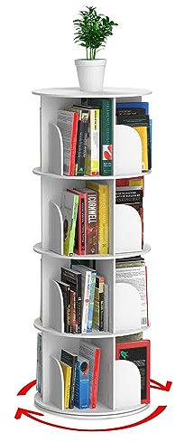 Drehbares Bücherregal, Drehbares Bücherregal, 4 Ebenen, 46.2 cm Bx128.5 cm H, Weiß, Holz, 360 Grad Bücherregale, Bodenständer, Rotation Display Tower, Stapelbar, Rund für Kinder Kinder