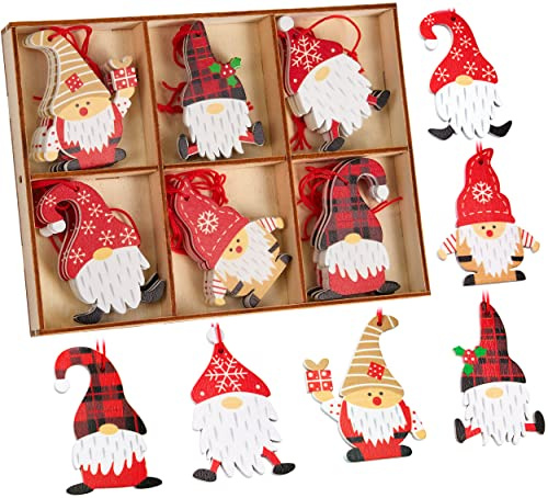 BRUBAKER 24-styckigt Set med Julklappar för Tomtar - Trägransdekorationer 5,8 cm - Roliga Tomtar med Julhattar och Presenter - Julklappar i Trä - Julklappar för Tomtar - Julgransdekorationer