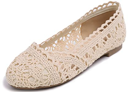 Feversole Round Toe Lace Ballet Crochet Flats Women's Comfy Breathable Shoes Beige Knit Crochet 4 UK