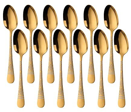 Buyer Star Ein Set von 12 Teelöffeln mit klassischen dekorativen Mustern, 304 Lebensmittelqualität Edelstahl Teelöffel, Kaffee und Teelöffel für Joghurt Dessert-Serie, 14 cm (5,51 Zoll) (Gold)