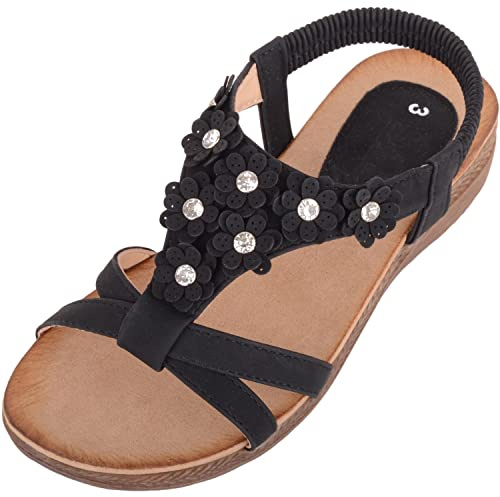 ABSOLUTE FOOTWEAR Womens Slip On Summer Holiday Floral Diamante Elasticated Sandals Shoes - Black - UK 5 / EU 38