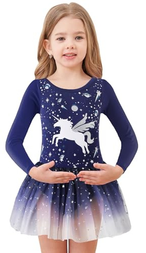 EQSJIU Girls Ballet Clothes Leotard Kids Girls Classic Adorable Dark Blue Unicorn Long Sleeve Leotard Dance Ballet Dress 8-9 Years Children