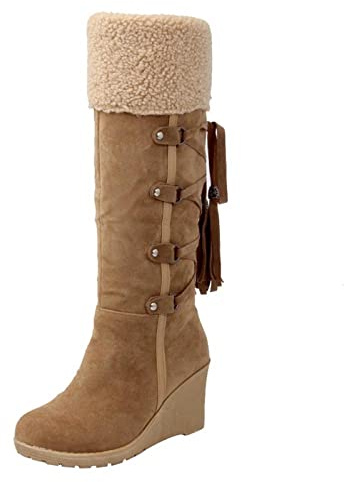 Susenstone Bottes à Talons Compensés Femmes Mi-mollet Casual Daim Large Mollet À Lacets Pompon Doublé De Fourrure Chaussures De Neige Bottes De Combat D'hiver Chaud Cowgirl Bottes Chaussures Western