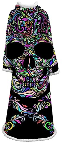 Fansu Manta con Mangas para Hombres Y Mujeres Patrón de Calavera, Largas De Vestir Caliente Más Gruesa Suave Microfibra Sofá Bedding de Oficina Mantas (127 * 178cm,F)