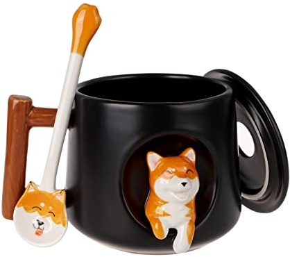 Linda taza Shiba Inu con tapa y cuchara | Perros Taza de café | Gres | 380 ml | Color: Negro