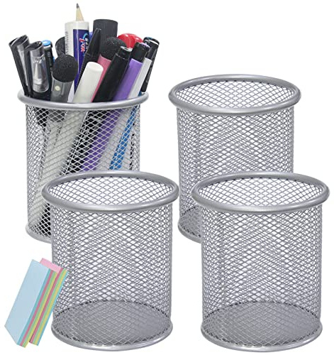 DARUITE Stiftehalter, 4 Stück Rund Stifte Organizer aus Metall, Silber | Stifthalter für Büro, Zuhause, Schule, Ideal für Marker, Scheren, Büroklammern, Multifunktional, Robust, Atmungsaktives Mesh
