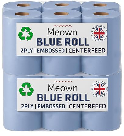 Meown Blue Centrefeed Roll 2-Ply – Heavy Duty Embossed Cleaning Towels | Perforated, Absorbent Blue Paper & Industrial Tissue Roll for Kitchen, Garage, Home, Commercial Use – Pack of 2 (12 Rolls)