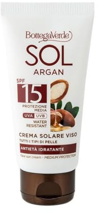 Bottega Verde - SOL Argan, Crema Solare Viso, 50 ml, SPF 15, Antietà Idratante, Arricchita con Olio di Argan e Acido Ialuronico, Fragranza Fiorita, Senza Parabeni, per Tutti i Tipi di Pelle