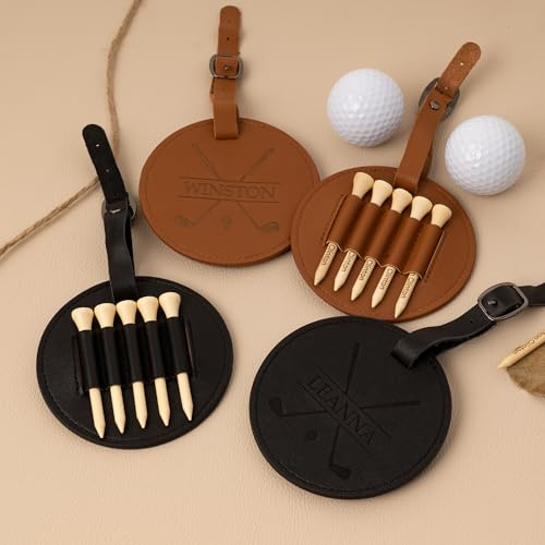 KEMEILA Benutzerdefinierte Leder Golftasche Tag Geschenk mit Golf-Tees, gravierte Golf-Tee-Halter mit Holz Golf Wert 1 Set, personalisierte Leder Geschenk für Golfer
