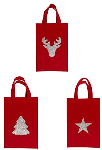 Marabella 3er Set Geschenktasche aus rotem Filz mit Glitzermotiv Geschenktüte mit Tragegriff