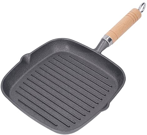 Poêle à Griller en Fonte, 23x21x3cm, Poêle à Frire Pré-assaisonnée, Poêle à Steak avec Manche en Bois pour Barbecue, Viande, Poisson, Légumes, Bacon