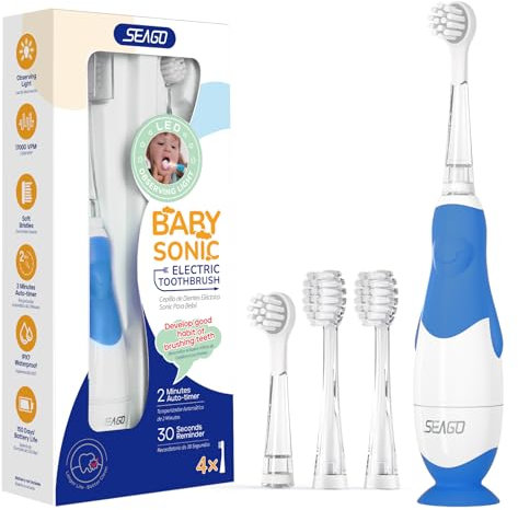 Seago Brosse à Dents électrique pour Enfants de 6 mois à 4 ans,étanche, Minuterie Intelligente,Lampes à LED de Couleur et 4têtes de Brosse,Batterie Brosse à Dents Pour Bébé à Piles SG513 (Bleu Marine)