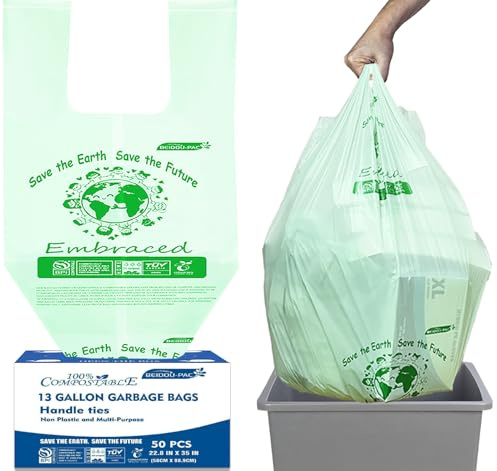 BEIDOU-PAC 13 Gallon Compostable Tall Kitchen Trash Bags with Handle, 50 Count, Sturdy Garbage Bags for Food Scrap Waste, ASTM D6400, US BPI Certified
