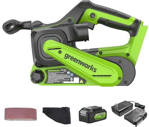 Greenworks 24V Akku-Bandschleifer 457x75 mm. Bandschleiferset mit Staubbeutel und P60 Schleifband, mit 4Ah Akku und Ladegerät