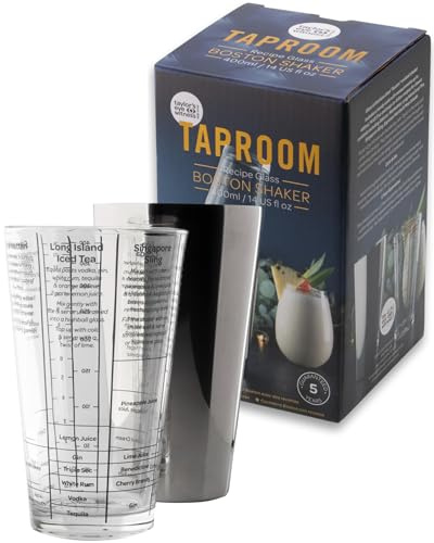Taylor's Eye Witness - Shaker per ricette Boston in vetro e acciaio inox, 700 ml/400 ml, coperchio in acciaio inox color argento, scala di misurazione e ricette su shaker in vetro.