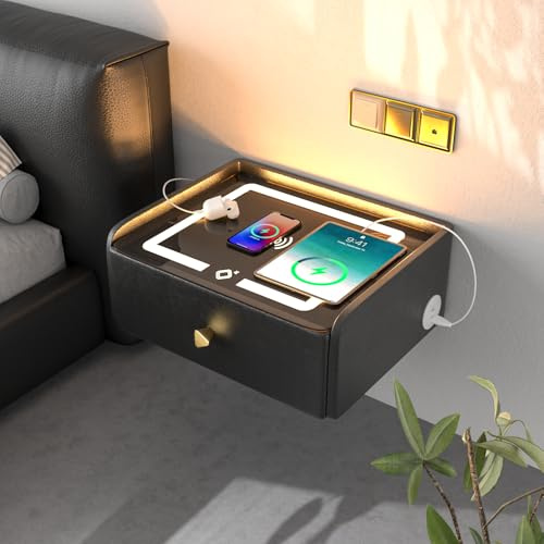 ihomemore Nattduksbord hängande vägghylla med förvaringslåda, smart nattduksbord, sovrumsmöbler för unga vuxna, svart