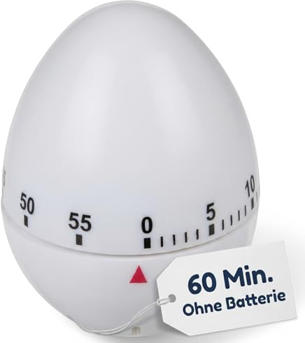 MIJOMA Küchentimer mechanisch – Eieruhr 60 Minuten – manueller Kurzzeitwecker ohne Batterie für Kochen Backen Lernen und Alltag (Ei Weiß)