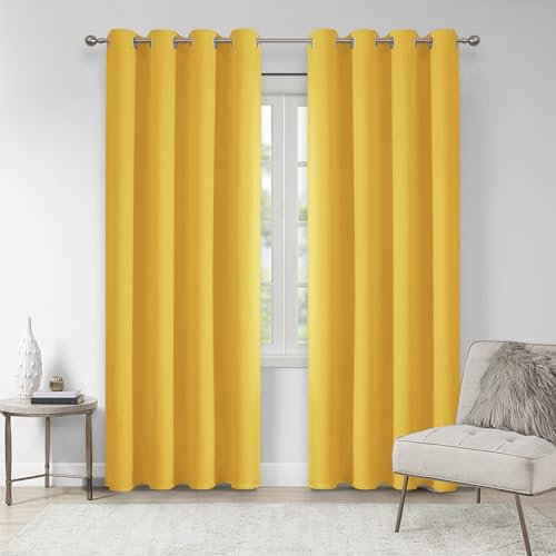 VEHEDE Blackout Thermal Curtains for Living Room, Soft Eyelet Curtains for Bedroom, Soundproof Curtain and Drapes for Sliding Door, W46 x L72 Inch, Mellow Yellow, 2 Panels