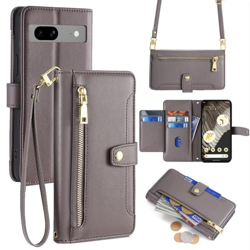 Hülle Kompatibel mit Google Pixel 7 | Leder Handyhülle Praktische Handykette Kartenfächer Brieftasche Umhängetasche Kompatibel für Pixel 7 | Grau