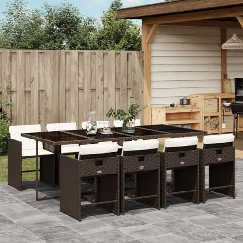 Homgoday 9-TLG. Garten-Essgruppe mit Kissen Sitzgruppe Gartenmöbel Sitzgarnitur Gartentisch mit Stuhl Balkonmöbel Essgruppe Gartengarnitur Gartenset Braun Poly Rattan