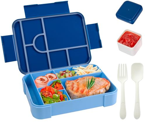 Bento Lunch Box Kids, 1330 ml Bento Box Lunch Box Adults with 6 Compartments and 1 Salad Dressing Containers, Snack Box for Kids and Adults Work School (Blue)