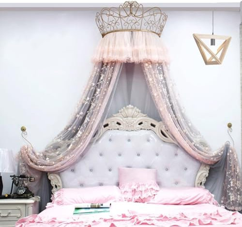 SULQING Prinzessin Crown Retro Bettvorhang Mädchen Kinderzimmer Dekor Schönes Garnnetz am Bett Romantische Prinzessin Zelte Betthimmel Volant