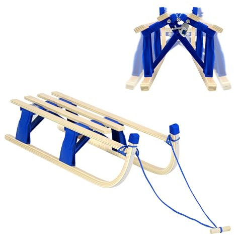 Laneetal Davoser Schlitten faltbar, Holzschlitten 110 cm, Kinderschlitten Rodelschlitten mit Zugseil, aus Buchenholz, für Kinder/Erwachsene, Blau