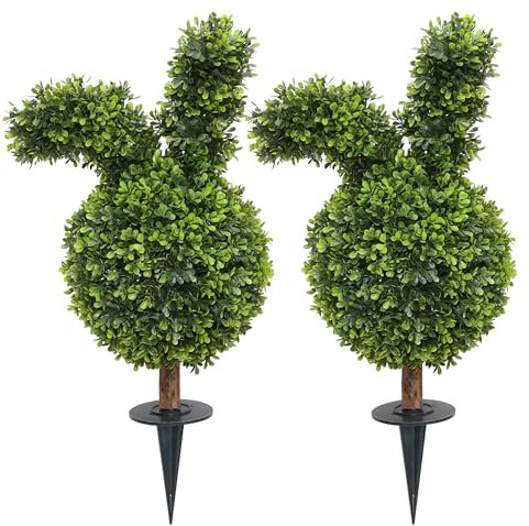 Damomo Juego de 2 árboles topiarios artificiales en forma de conejo de 27 pulgadas con estaca de tierra, arbustos de bolas de boj sintético para interiores y exteriores, arbustos falsos en maceta,