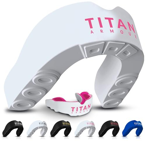 Titan Armour® Gum Shield | Dual-Layer | Adults & Junior Custom-Fit Mouth Guard | Case Inc | Boil & Bite Mouthguard Boxing, Rugby, MMA, Hockey & All Contact Sports | UK Brand (Pink, Adult Age 11+)