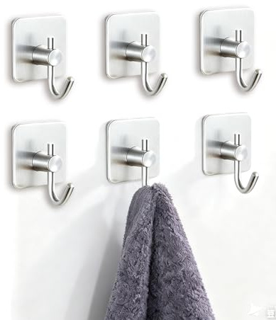 YLITREUS Ganci Adesivi Acciaio Inox 6 Pezzi- Ganci per Accappatoio Senza Forare Impermeabili e Antiruggine, Adatti per Bagno e Cucina, Argent
