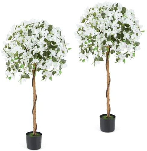 TANGZON Artificial Azalea Tree, 130CM/4.3FT Faux Blossom Tree in Pot with 576 Flowers, 288 Leaves & Natural Wood Trunk, Indoor Outdoor Decorative Fake Plant for Living Room Office Garden (2, White)