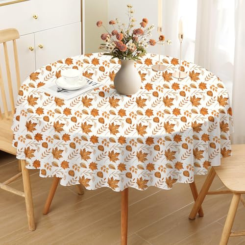 Romanstile abwaschbare Tischdecke Rund 160 cm Durchmesser Herbst Tischdecken mit Orange Ahornblatt Läufer Modern Tischtuch Outdoor Wasserabweisende Tischwäsche Herbstdeko für Geburtstag Party Garten