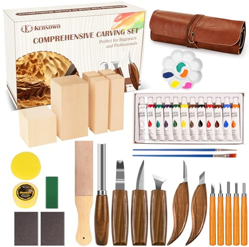 Holzschnitzwerkzeuge,41-teiliges Holzschnitzerei-Set mit PU-Aufbewahrungstasche Holzschnitzset mit 11 Holzschnitzmessern, PU-Tasche, Schnitzholz, Schnitzmesser Erwachsene mit Farben