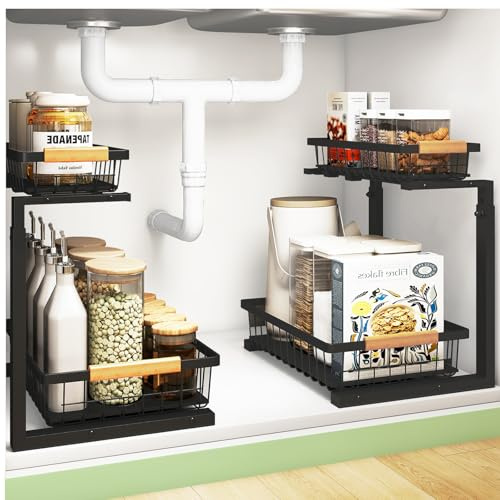2 Tier Metal Under Sink Storage 2 PCS Kitchen Multi-Purpose Under Sink Cabinet Organiser Bottom Sliding Drawer with Hooks for Bathroom Kitchen