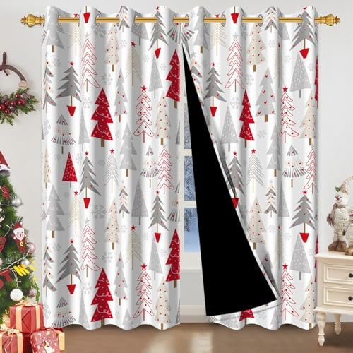 Uiiooazy Tende Oscuranti Natale, Tende Oscurante Termiche Isolanti Inverno Astratta Rosso Grigio Albero di Natale Foresta Tenda con Occhielli per Interni Camera da Letto Soggiorno, 2 Pezzi, 140x225cm