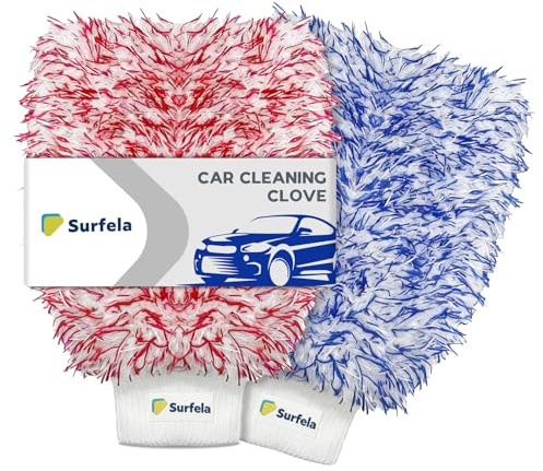 Surfela Guante de lavado de microfibra para coche, ultra absorbente, sin arañazos y sin pintura, con bolsa de almacenamiento impermeable (azul y rojo, 2 unidades)