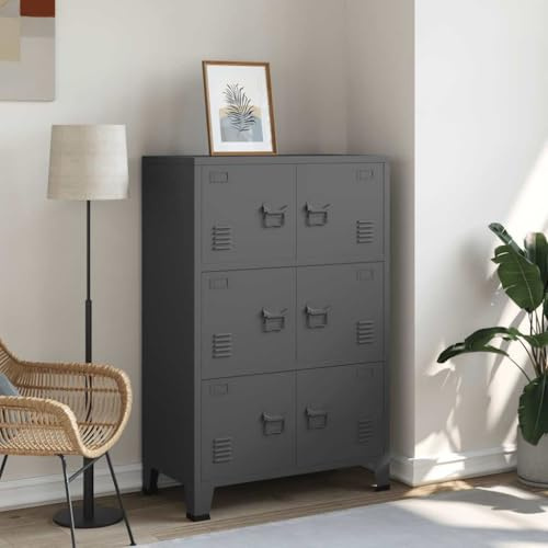Teenpull Lagerschrank Industrial Anthrazit 75x40x115 cm, Metallschrank mit 6 Türen, Namensschildhaltern, 2 Regalböden, 75 kg Gesamtbelastbarkeit, ideal für Büro, Garage, Spielzimmer, Zuhause