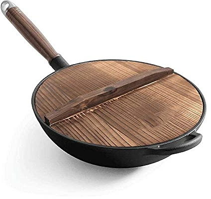 QUSYZD Pentola in Ferro, pentola in Ferro Grezzo, Grande Wok in Ferro martellato a Mano, Padella Antiaderente in ghisa Non Rivestita con Manico Singolo in Legno e Coperchio, B31CM, A31,A31cm