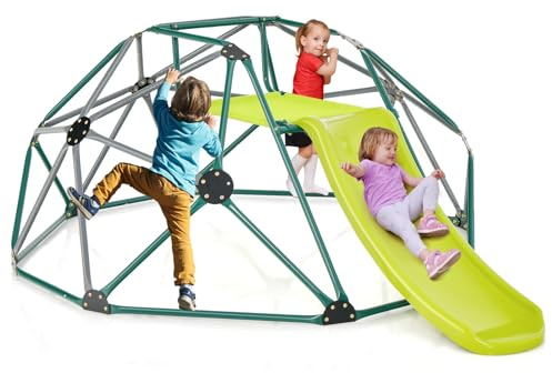 FANTASK Cúpula de escalada de 183 cm de diámetro con tobogán, estructura de escalada en forma de cúpula con plataforma de tela de hasta 180 kg, parque infantil exterior e interior, para niños a partir