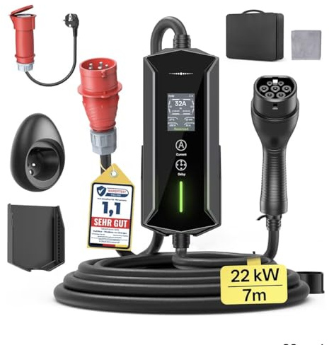 Mobile Wallbox 22kW Typ 2 Ladekabel - 7m|6-32A|3-phasig EV Ladegerät Wasserdicht mit Einstellbarer Ladeleistung, Einstellung Startzeit, CEE 32A auf Typ 2 Ladekabel, für Allen EVs(IEC 62196-2) & PHEVS