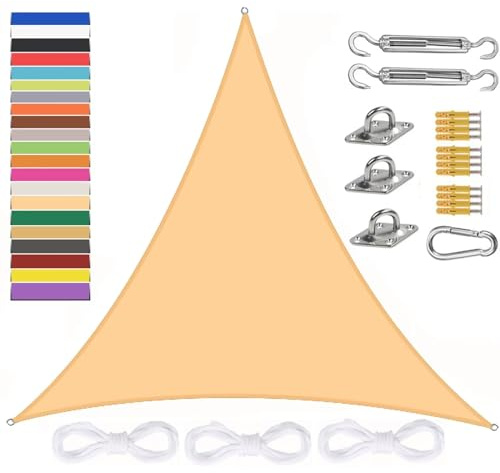 Tenda parasole impermeabile, 95% protezione UV, baldacchino triangolare con corde, vela ombreggiante resistente, per balcone e giardino, beige, 5 x 5 x 5 m, robusta e facile da installare
